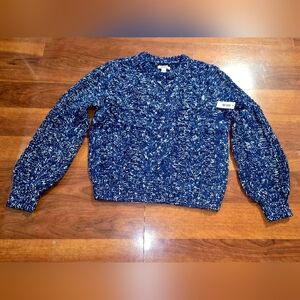 Speckled Boho Blue White Chunky Cable Knit Crew Neck Sweater Preppy Academia Y2K